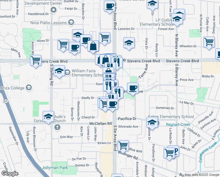 map of restaurants, bars, coffee shops, grocery stores, and more near 10211 South De Anza Boulevard in Cupertino