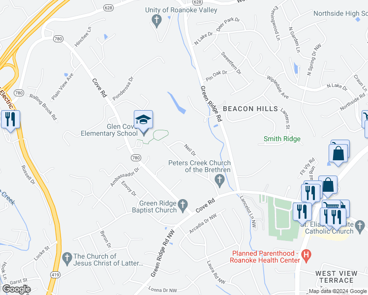 map of restaurants, bars, coffee shops, grocery stores, and more near 2926 Neil Drive in Roanoke