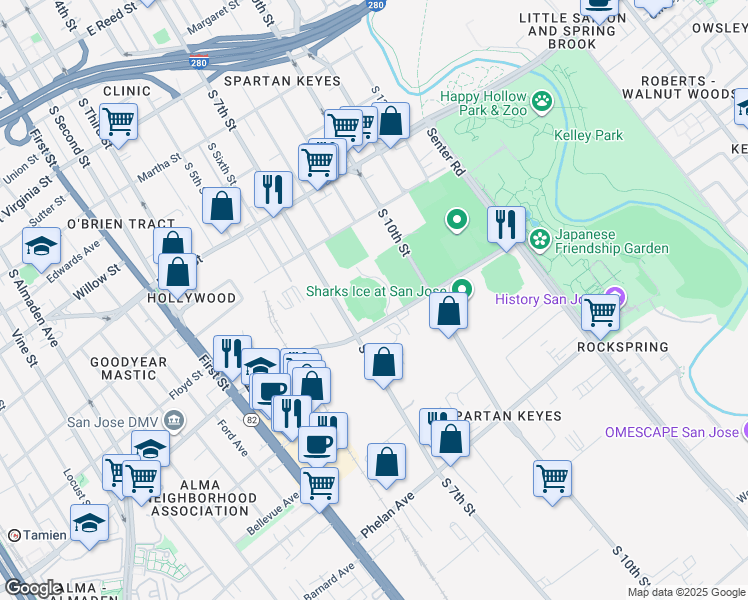 map of restaurants, bars, coffee shops, grocery stores, and more near 1257 South 10th Street in San Jose