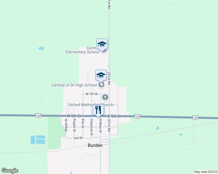 map of restaurants, bars, coffee shops, grocery stores, and more near 1045 Oak Street in Burden