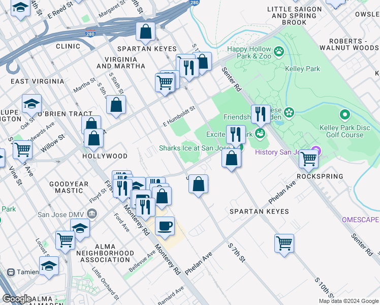 map of restaurants, bars, coffee shops, grocery stores, and more near 1257 South 10th Street in San Jose