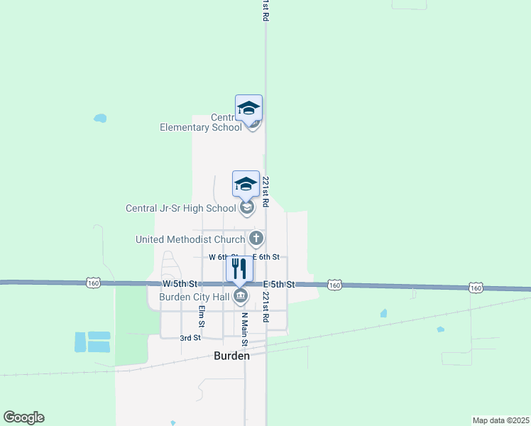map of restaurants, bars, coffee shops, grocery stores, and more near 1045 Oak Street in Burden