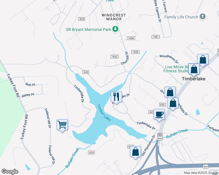 map of restaurants, bars, coffee shops, grocery stores, and more near 1050 Timberlake Drive in Lynchburg