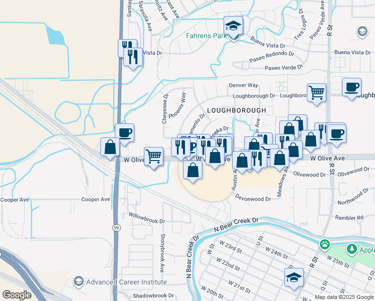 map of restaurants, bars, coffee shops, grocery stores, and more near 3150 Loughborough Drive in Merced