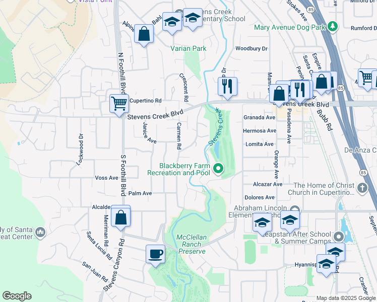 map of restaurants, bars, coffee shops, grocery stores, and more near 10234 Scenic Boulevard in Cupertino