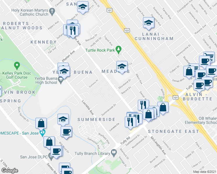 map of restaurants, bars, coffee shops, grocery stores, and more near 1117 Indian Summer Court in San Jose