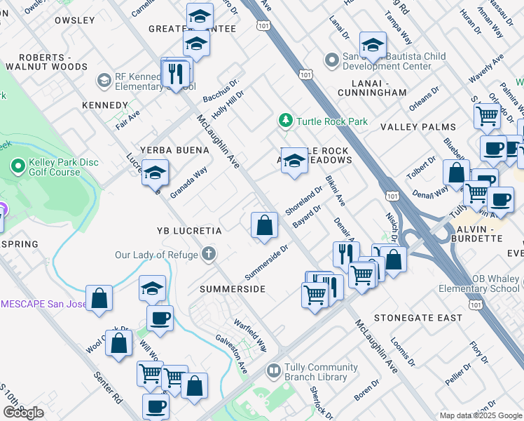 map of restaurants, bars, coffee shops, grocery stores, and more near 1117 Indian Summer Court in San Jose