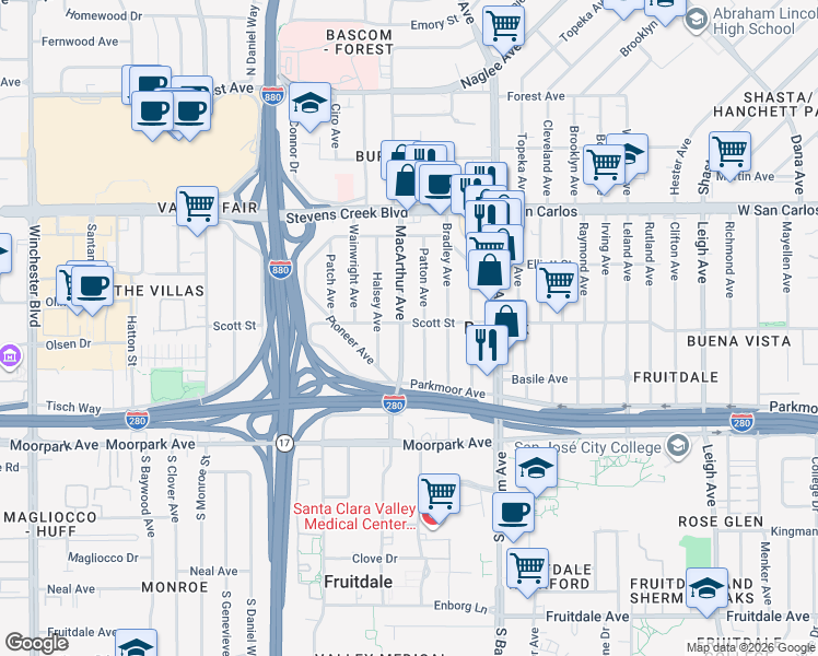 map of restaurants, bars, coffee shops, grocery stores, and more near 502 Mac Arthur Avenue in San Jose