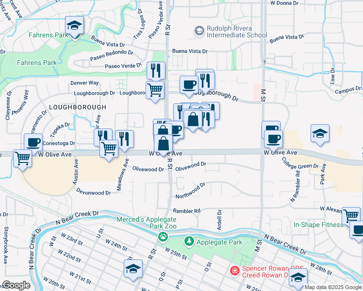 map of restaurants, bars, coffee shops, grocery stores, and more near 3110 R Street in Merced