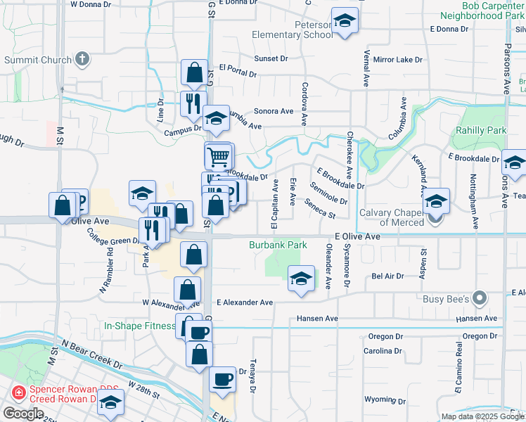 map of restaurants, bars, coffee shops, grocery stores, and more near 3158 College Avenue in Merced