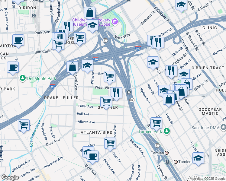 map of restaurants, bars, coffee shops, grocery stores, and more near 388 West Virginia Street in San Jose