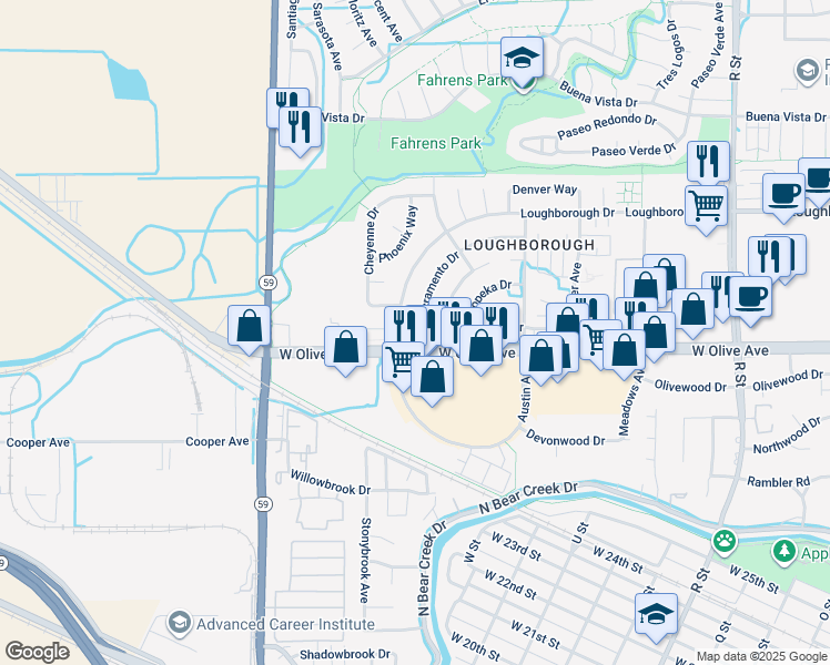map of restaurants, bars, coffee shops, grocery stores, and more near 3150 Loughborough Drive in Merced