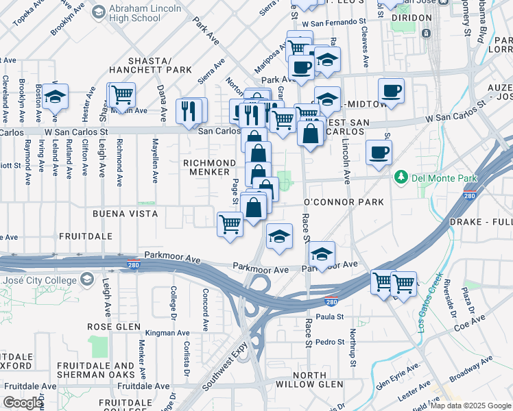 map of restaurants, bars, coffee shops, grocery stores, and more near 415 Meridian Avenue in San Jose