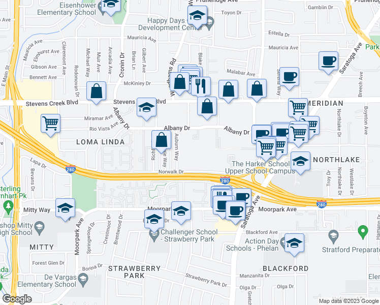 map of restaurants, bars, coffee shops, grocery stores, and more near 320 Auburn Way in San Jose