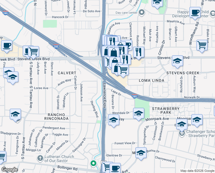 map of restaurants, bars, coffee shops, grocery stores, and more near 5191 Lapa Drive in San Jose
