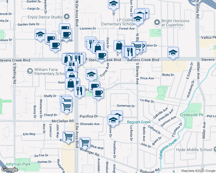 map of restaurants, bars, coffee shops, grocery stores, and more near in Cupertino