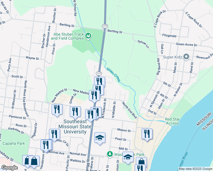map of restaurants, bars, coffee shops, grocery stores, and more near 9 Village Drive in Cape Girardeau