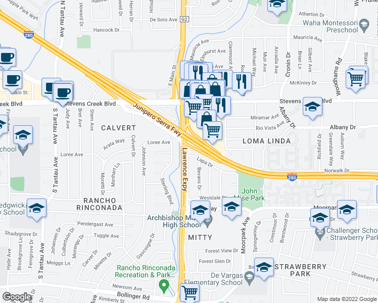 map of restaurants, bars, coffee shops, grocery stores, and more near 5191 Lapa Drive in San Jose