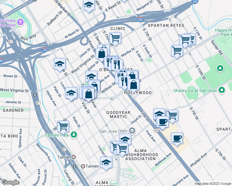 map of restaurants, bars, coffee shops, grocery stores, and more near 1080 Sherman Street in San Jose