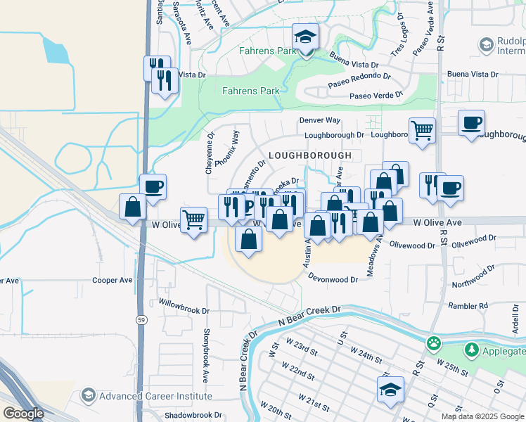 map of restaurants, bars, coffee shops, grocery stores, and more near 3147 Juneau Court in Merced