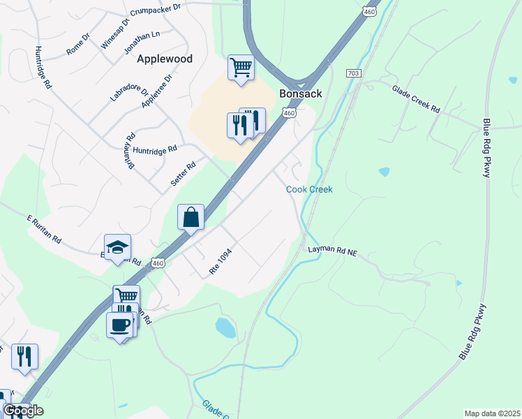 map of restaurants, bars, coffee shops, grocery stores, and more near 4658 Route 1094 in Roanoke