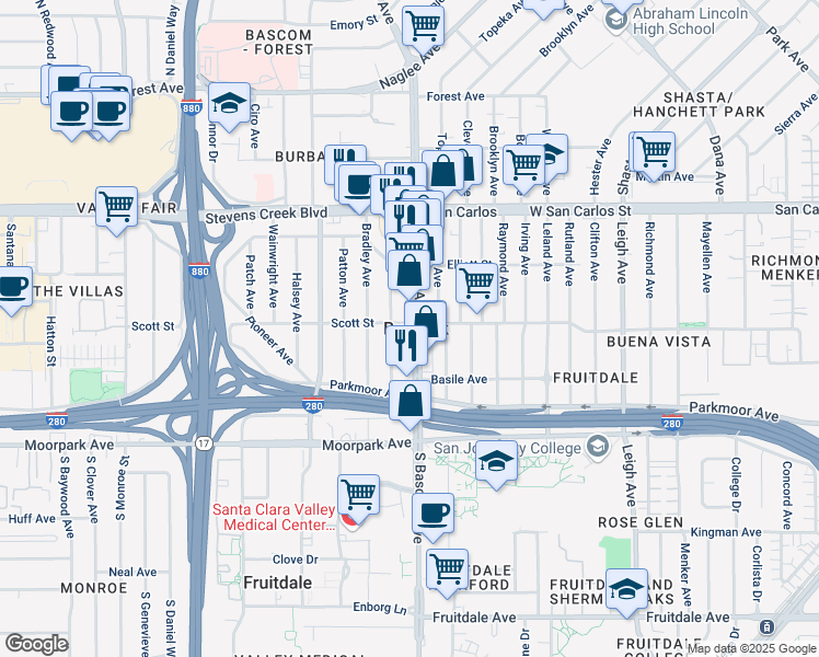 map of restaurants, bars, coffee shops, grocery stores, and more near 501 South Bascom Avenue in San Jose