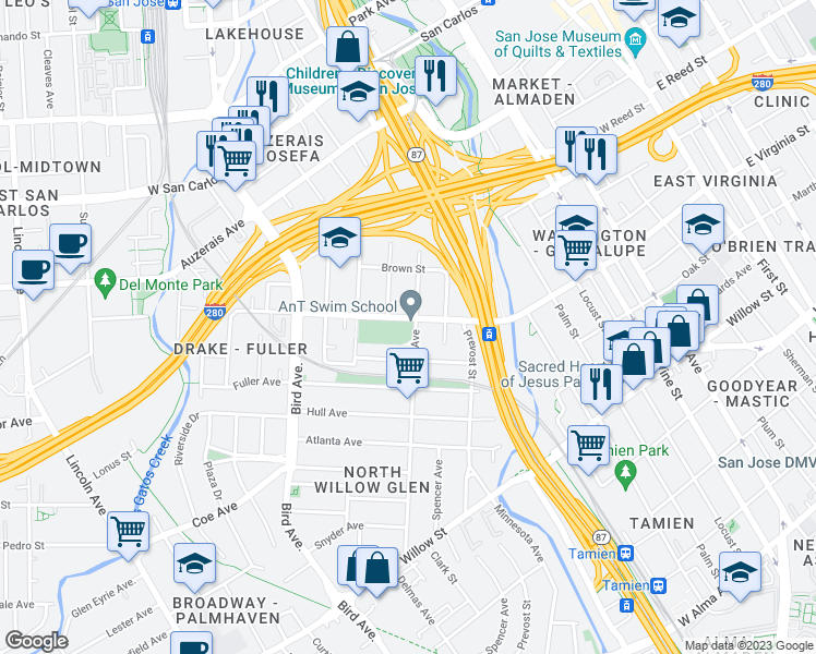 map of restaurants, bars, coffee shops, grocery stores, and more near 520 West Virginia Street in San Jose