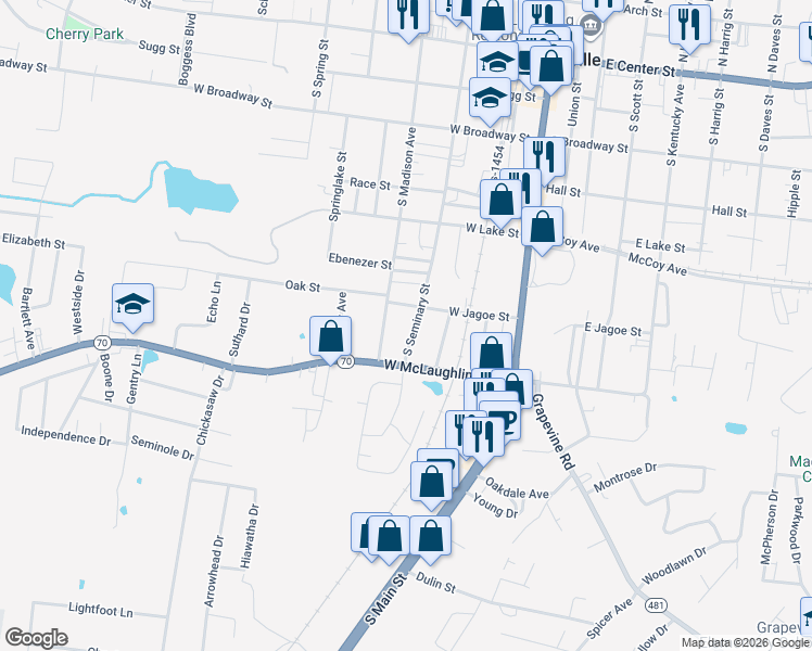 map of restaurants, bars, coffee shops, grocery stores, and more near 600-698 South Seminary Street in Madisonville