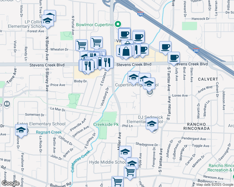 map of restaurants, bars, coffee shops, grocery stores, and more near 10200 Miller Avenue in Cupertino