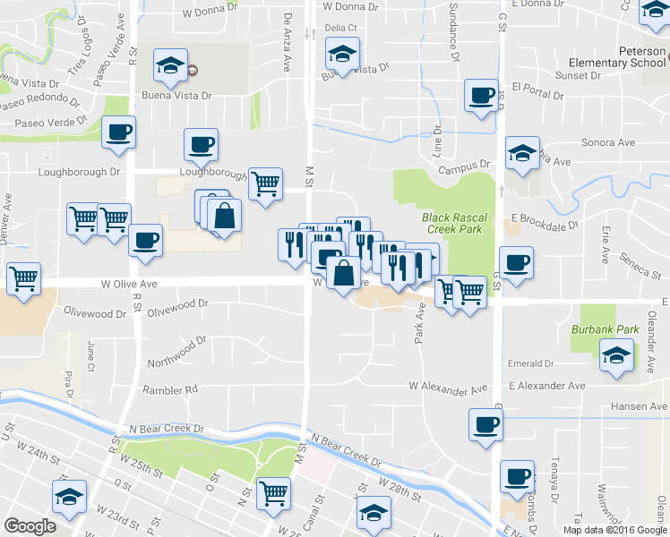 map of restaurants, bars, coffee shops, grocery stores, and more near 555 West Olive Avenue in Merced