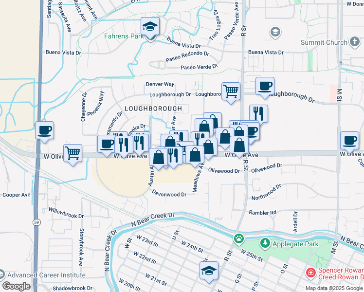 map of restaurants, bars, coffee shops, grocery stores, and more near 3100 Denver Avenue in Merced
