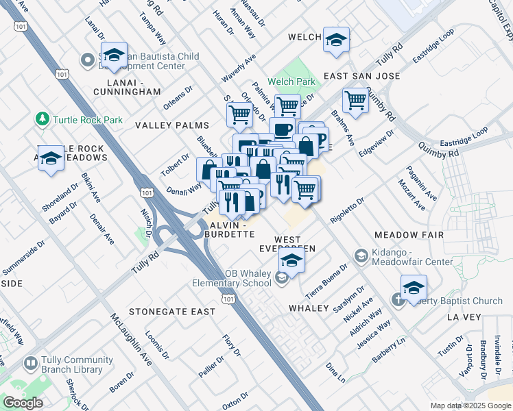 map of restaurants, bars, coffee shops, grocery stores, and more near 2450 Alvin Avenue in San Jose