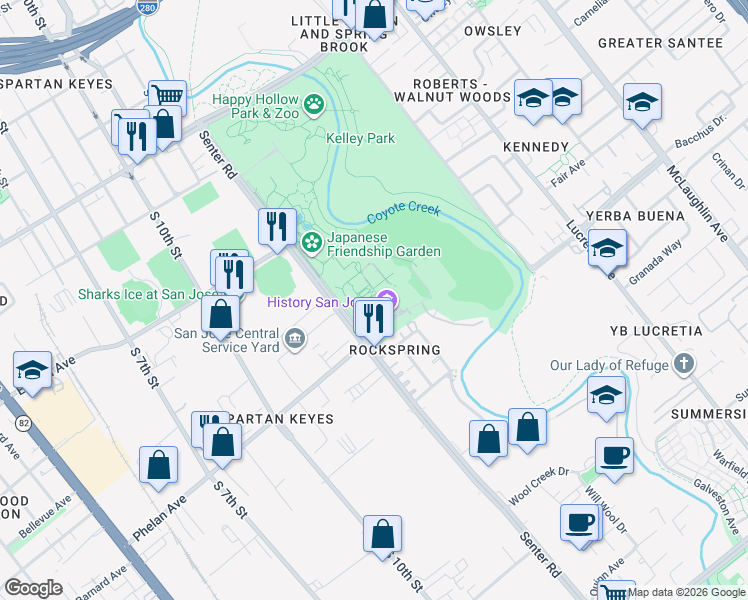 map of restaurants, bars, coffee shops, grocery stores, and more near 635 Phelan Avenue in San Jose