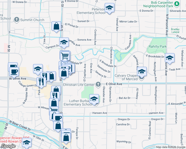 map of restaurants, bars, coffee shops, grocery stores, and more near 3158 Erie Avenue in Merced