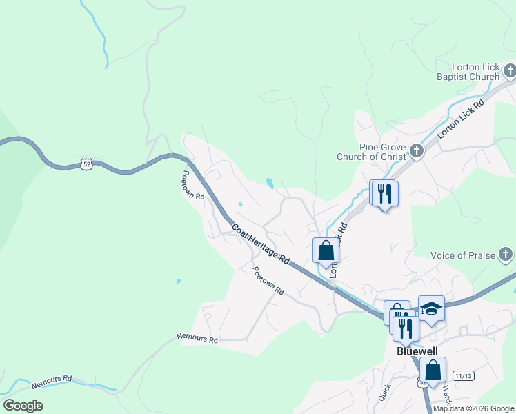map of restaurants, bars, coffee shops, grocery stores, and more near 426 Saunders Road in Bluefield