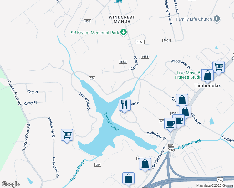 map of restaurants, bars, coffee shops, grocery stores, and more near 1050 Timberlake Drive in Lynchburg
