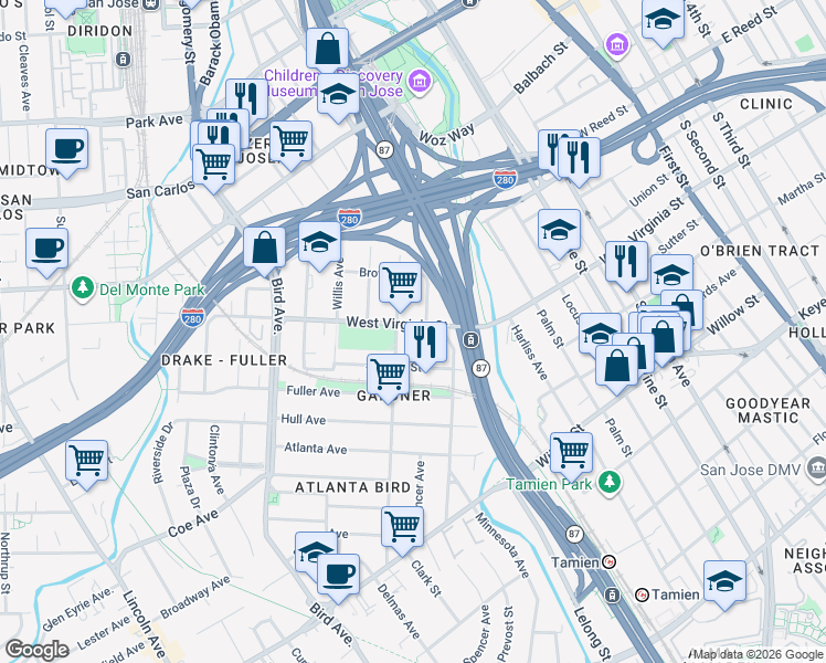 map of restaurants, bars, coffee shops, grocery stores, and more near 388 West Virginia Street in San Jose