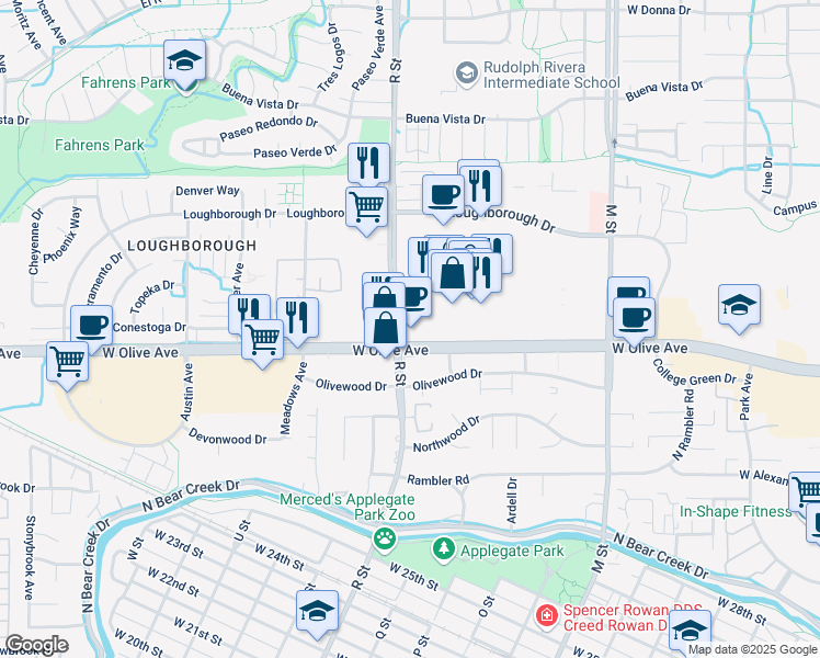 map of restaurants, bars, coffee shops, grocery stores, and more near 3110 R Street in Merced