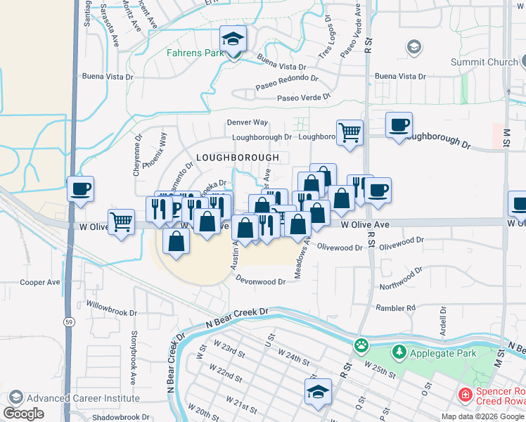 map of restaurants, bars, coffee shops, grocery stores, and more near 1411 Conestoga Drive in Merced