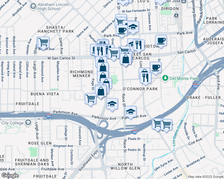 map of restaurants, bars, coffee shops, grocery stores, and more near 1310 Saddle Rack Street in San Jose
