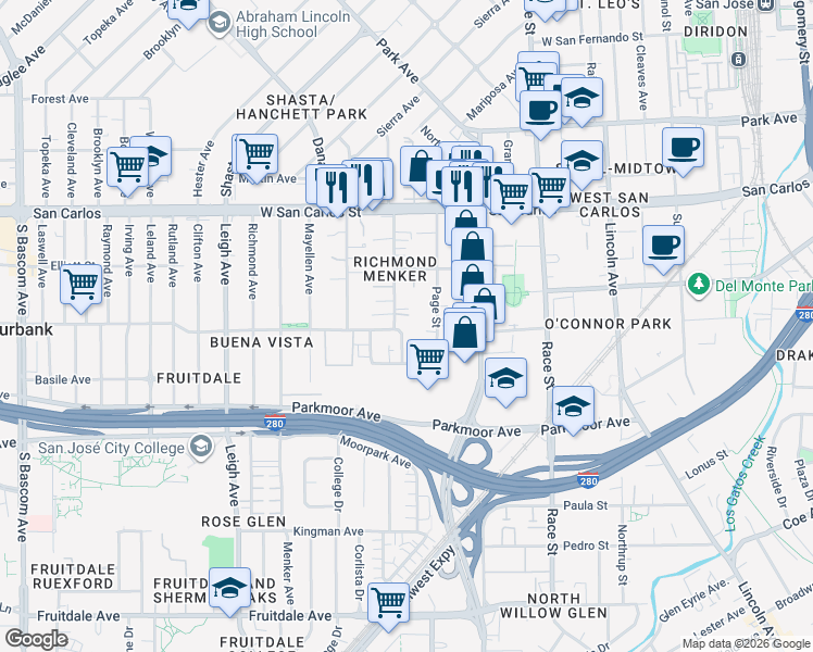 map of restaurants, bars, coffee shops, grocery stores, and more near 471 South Willard Avenue in San Jose