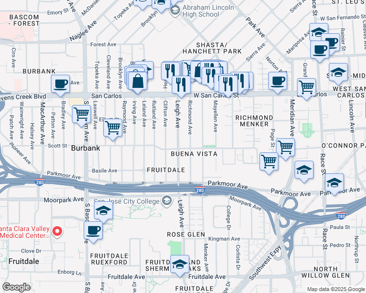 map of restaurants, bars, coffee shops, grocery stores, and more near in San Jose