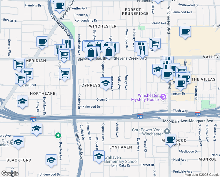 map of restaurants, bars, coffee shops, grocery stores, and more near 3406 Bundy Estates Place in San Jose