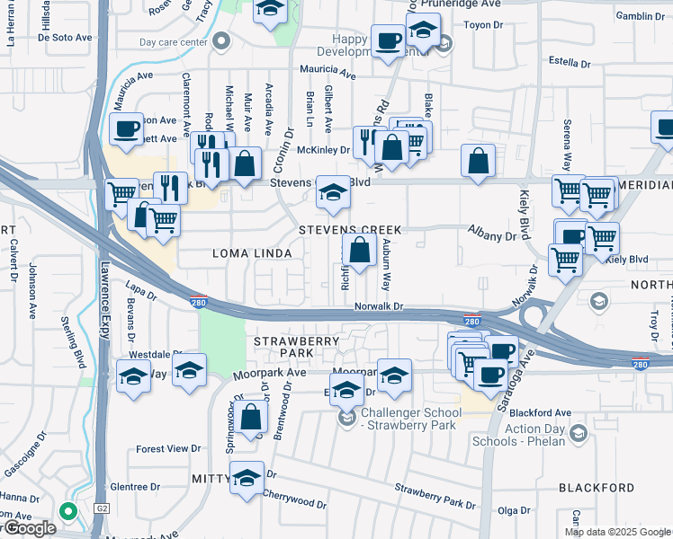 map of restaurants, bars, coffee shops, grocery stores, and more near 357 Richfield Drive in San Jose