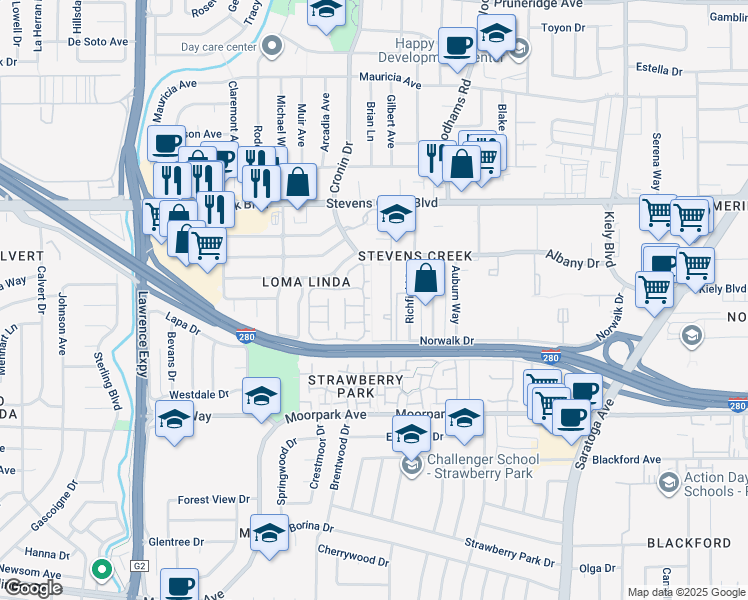 map of restaurants, bars, coffee shops, grocery stores, and more near 4712 Lago Vista Circle in San Jose