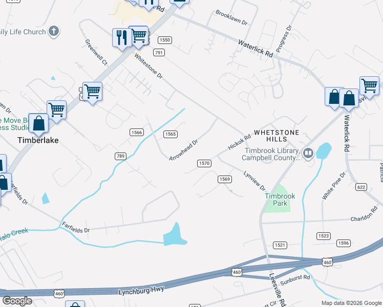 map of restaurants, bars, coffee shops, grocery stores, and more near 206 Arrowhead Drive in Lynchburg