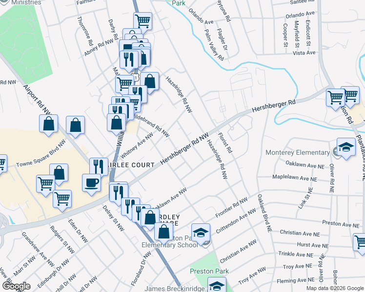 map of restaurants, bars, coffee shops, grocery stores, and more near 4919 Hildebrand Road Northwest in Roanoke