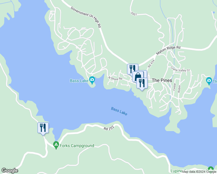 map of restaurants, bars, coffee shops, grocery stores, and more near 39269 Paha in Bass Lake