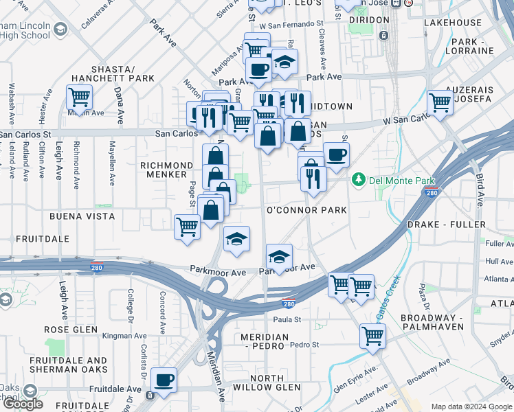 map of restaurants, bars, coffee shops, grocery stores, and more near 50 Saddle Rack Street in San Jose