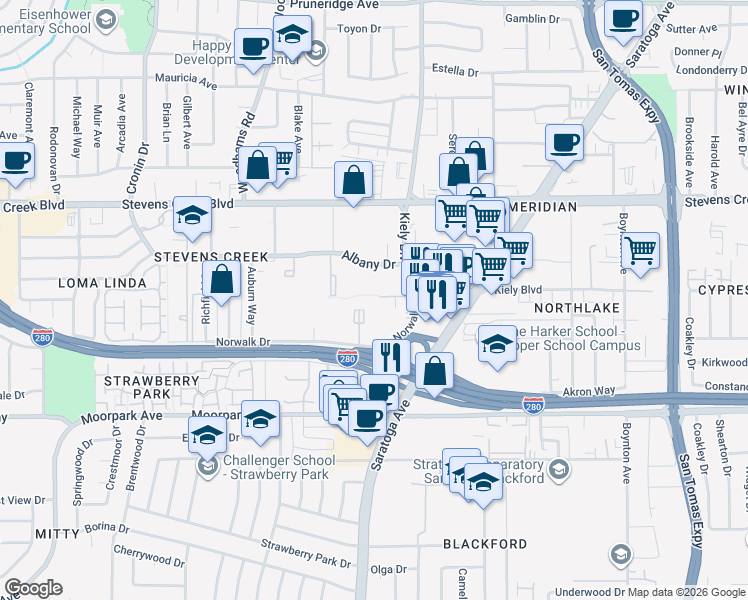 map of restaurants, bars, coffee shops, grocery stores, and more near 355 Kiely Boulevard in San Jose